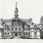 Projekt przebudowy pałacu w Guzowie opracowany przez arch. M. Mayera. Widok pałacu od str. podjazdu. "La construction moderne" 1886 r.