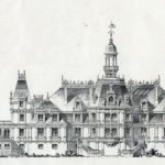 Projekt przebudowy pałacu w Guzowie opracowany przez arch. M. Mayera. Widok pałacu od str. ogrodu. "La construction moderne" 1886 r.